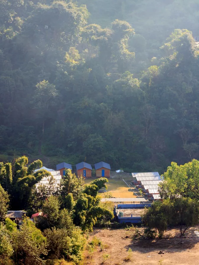 Aerial view riverside camp